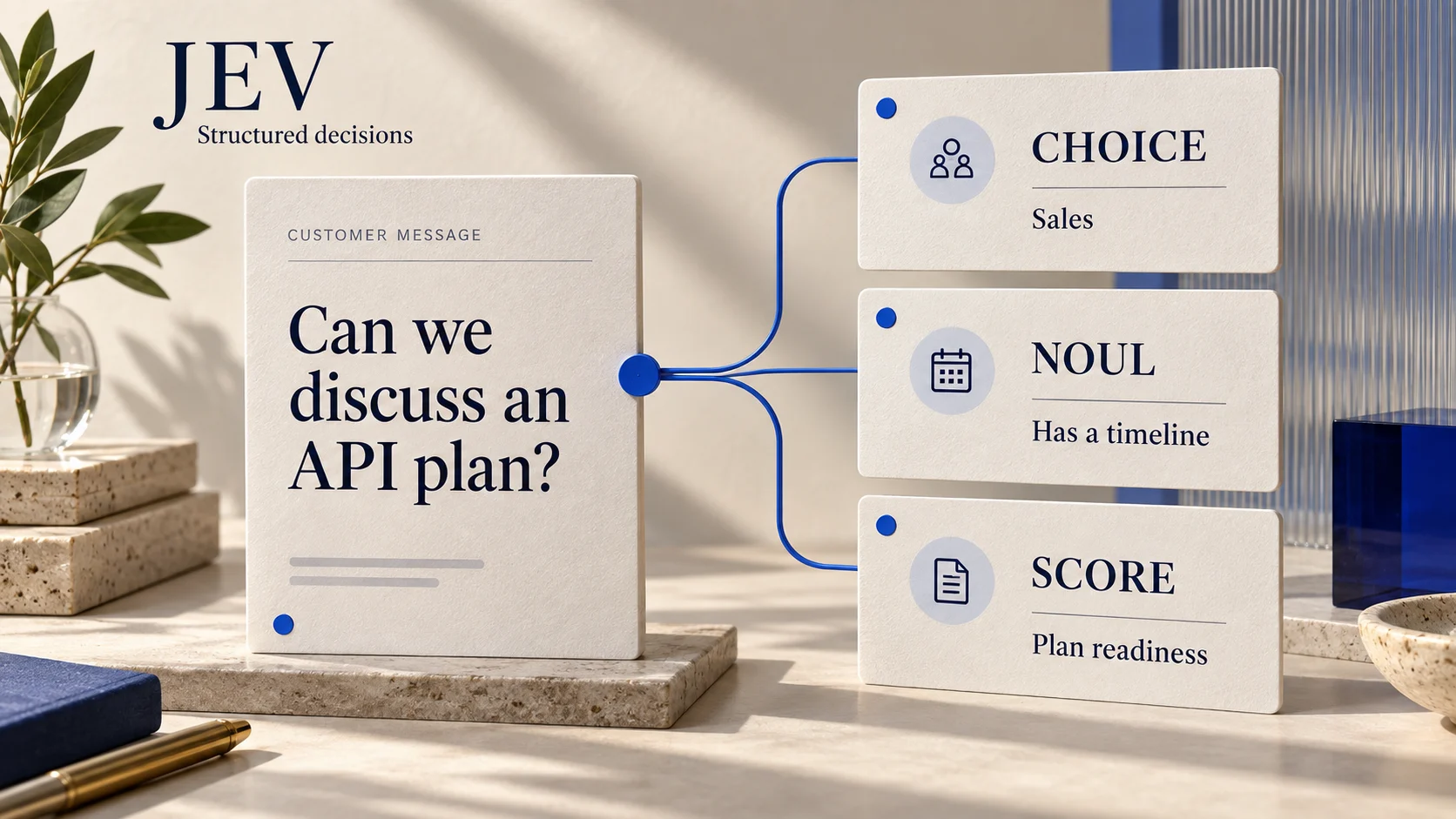 A customer inquiry connected to JEV classification, condition checking, and plan scoring