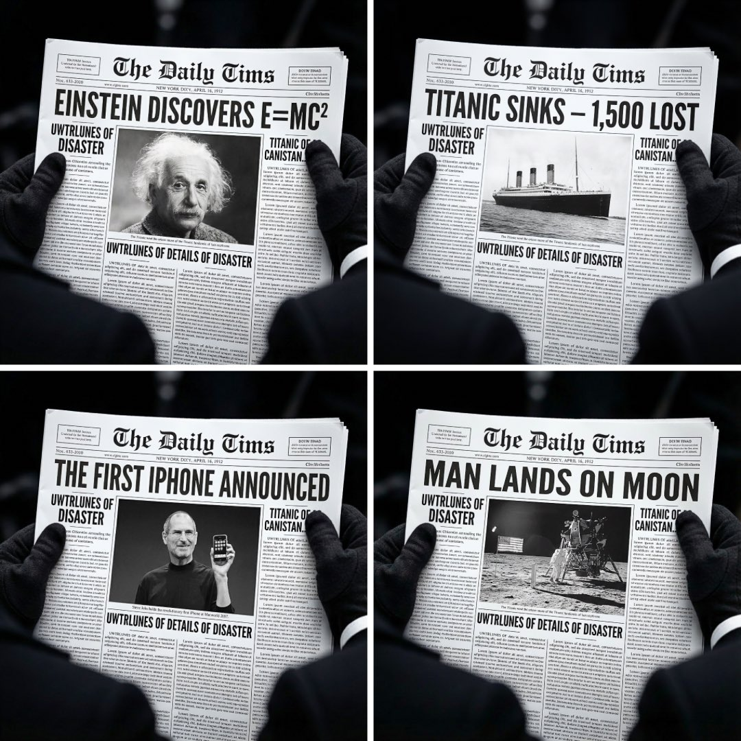 A newspaper front page combines a bold headline, columns, and a monochrome photograph.