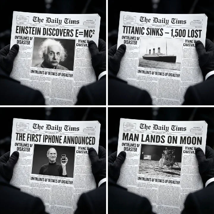 A newspaper front page combines a bold headline, columns, and a monochrome photograph.