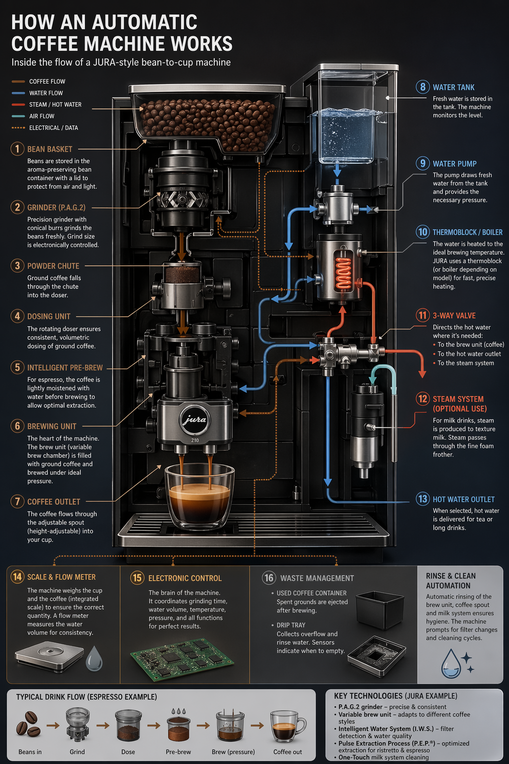 An illustrated cutaway follows coffee beans and water through an automatic coffee machine.