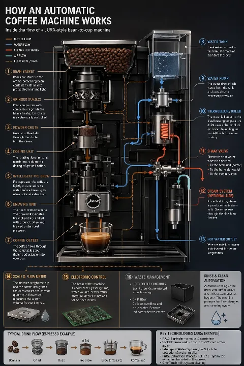 An illustrated cutaway follows coffee beans and water through an automatic coffee machine.