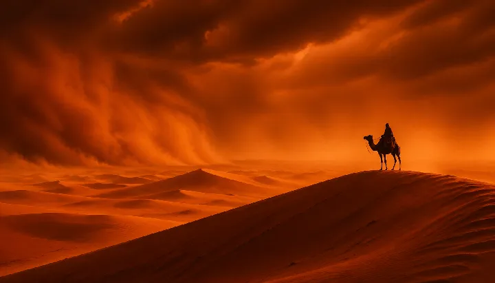 Orange dunes and a lone rider sit beneath a dark approaching storm.