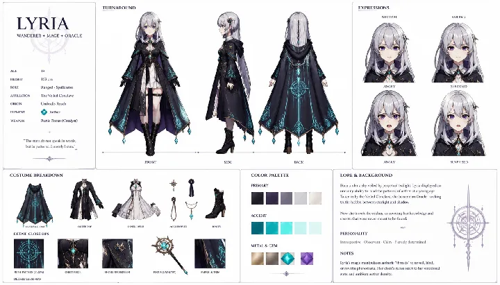A silver-haired mage shown in multiple views with coordinated expressions.