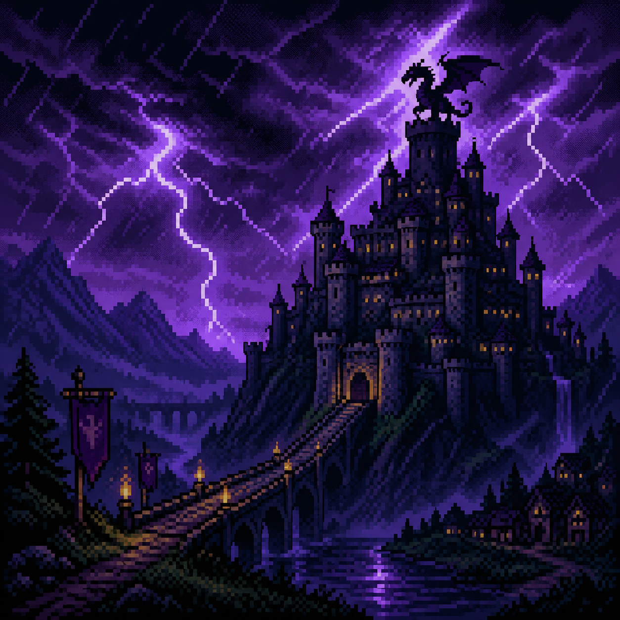 Purple lightning illuminates a medieval pixel-art castle and a distant dragon.