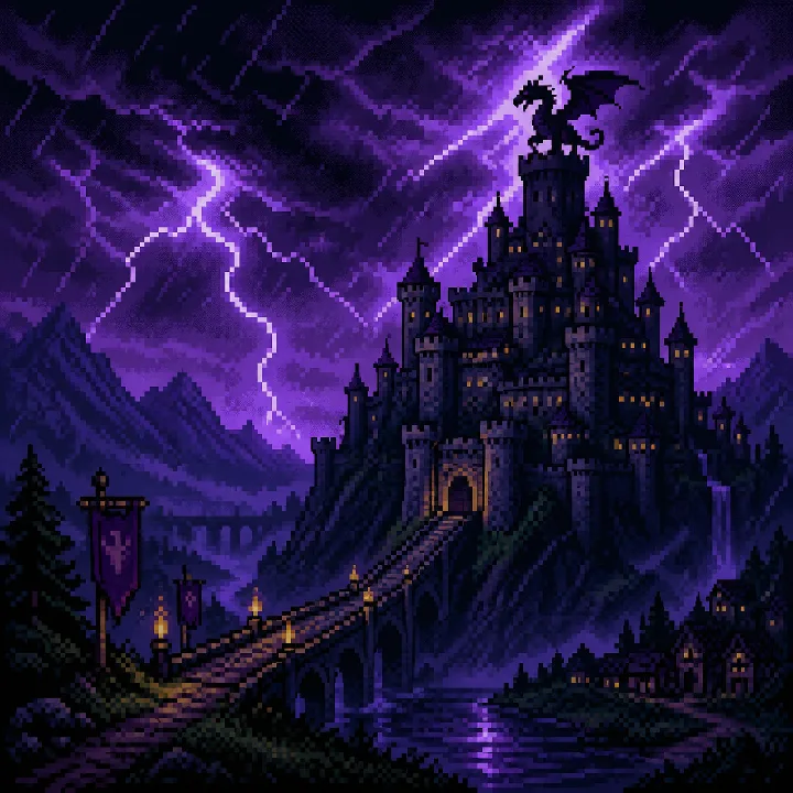 Purple lightning illuminates a medieval pixel-art castle and a distant dragon.