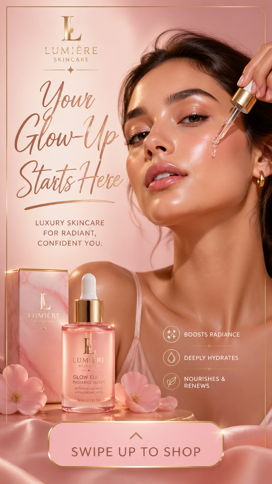 A skincare portrait, elegant lettering, and a compact call to action form a vertical ad.