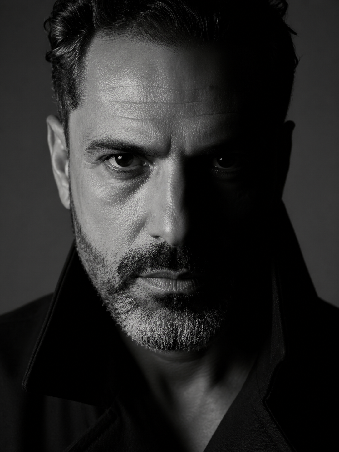 A bearded man's face is divided by directional light in black and white.
