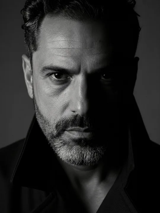 A bearded man's face is divided by directional light in black and white.