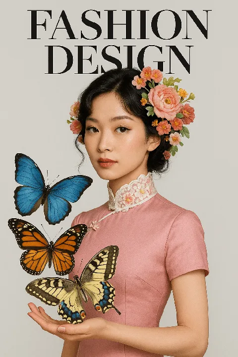 A pink qipao, flowers, and butterflies form an editorial magazine composition.