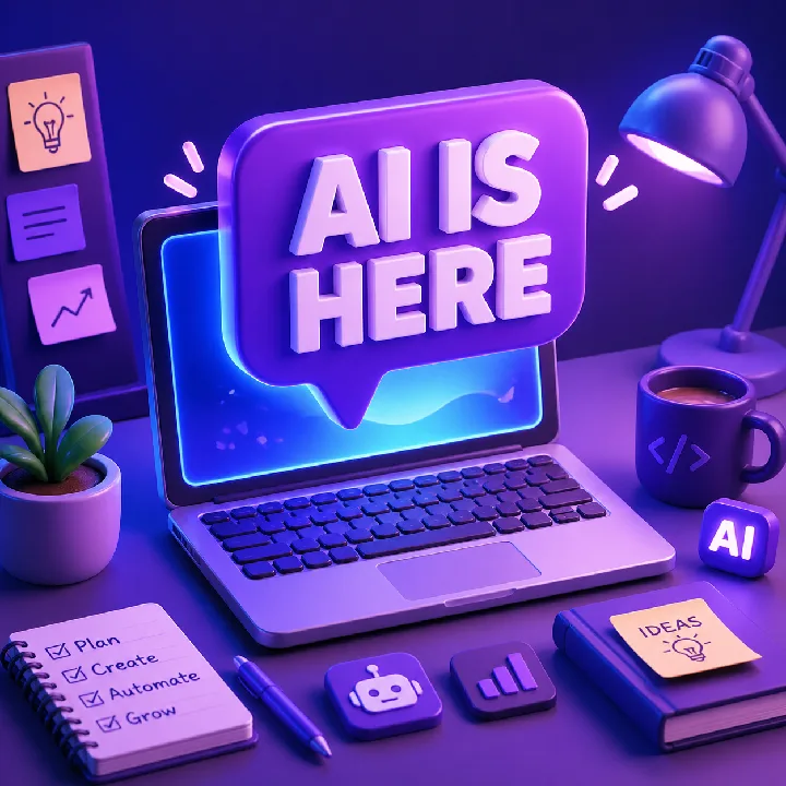 A clay-style digital workspace combines a laptop and bold three-dimensional lettering.