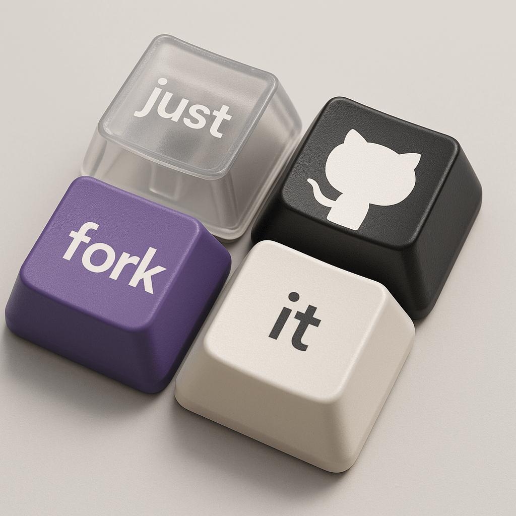 Four sculpted keyboard keys combine translucent plastic, bold colors, and short lettering.