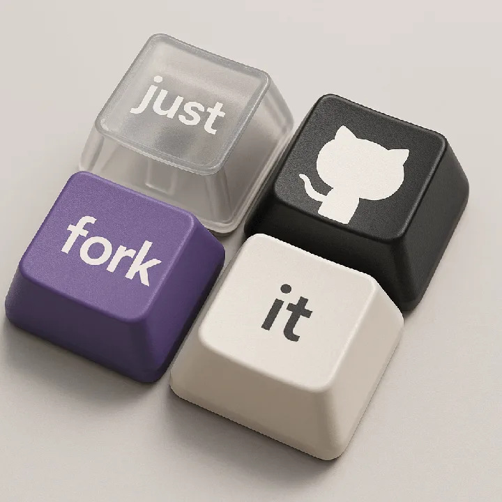 Four sculpted keyboard keys combine translucent plastic, bold colors, and short lettering.