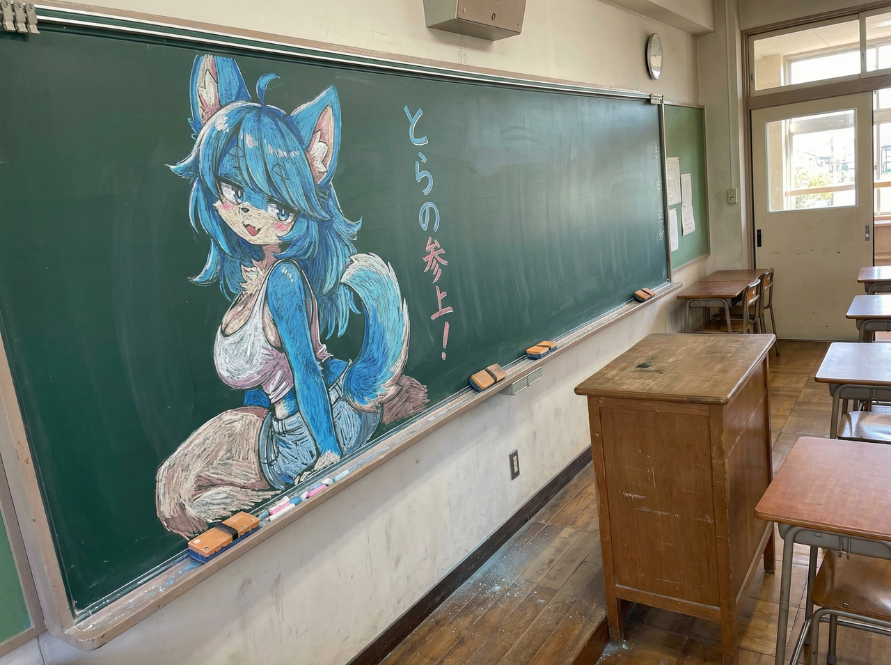 A reference illustration becomes colored chalk artwork on a classroom blackboard.