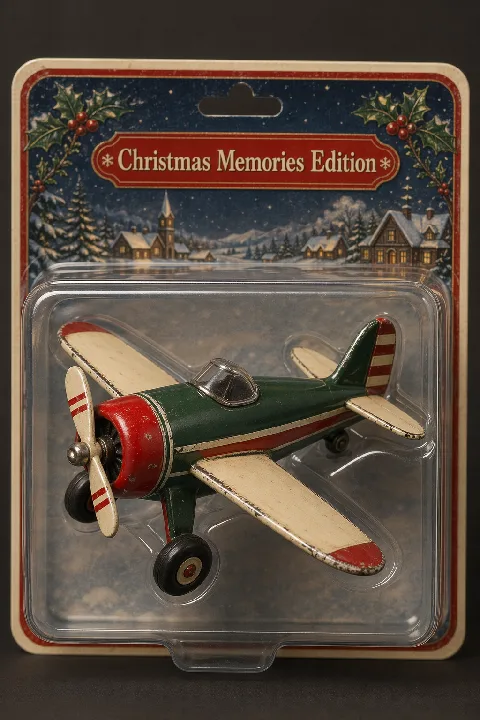 A collectible propeller airplane displayed in retail blister packaging.