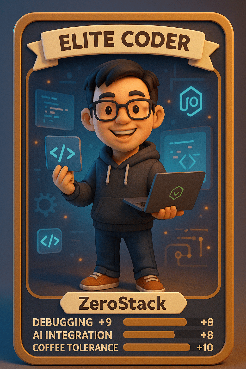 A cartoon character card combines job-specific tools with playful skill statistics.