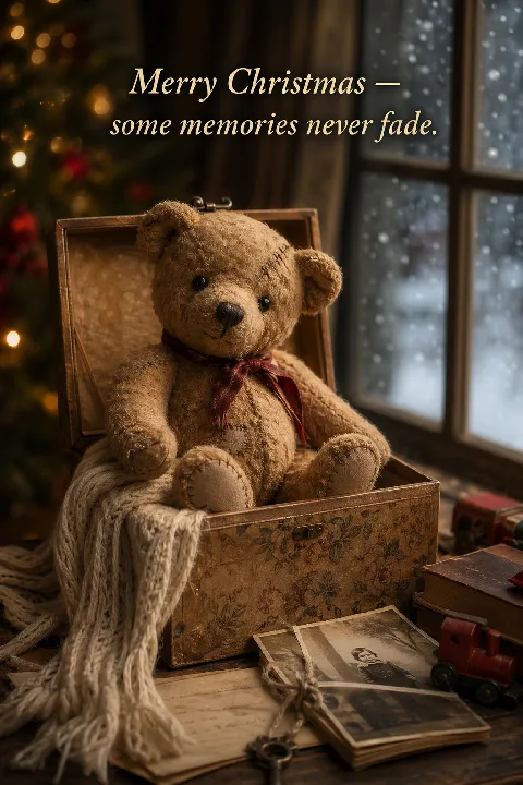 A worn teddy bear and a keepsake box create a warm holiday illustration.