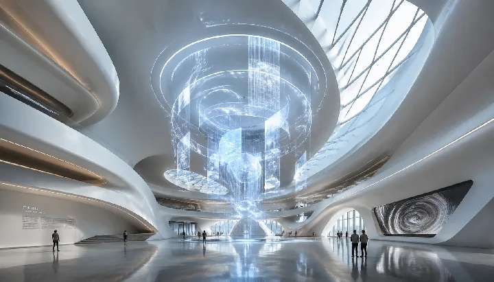 Curved white walls and skylights surround a floating holographic installation.