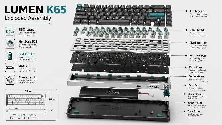 A layered keyboard render shows keycaps, switches, plate, and internal components.