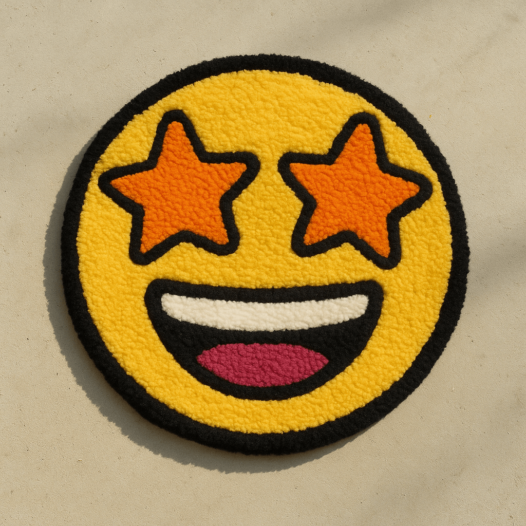 A colorful handmade rug takes the shape of a playful dinosaur emoji.