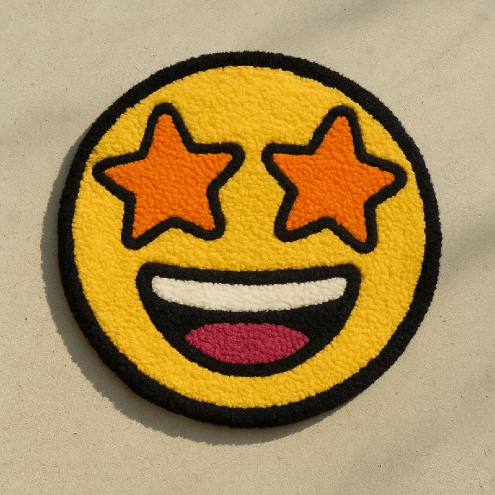 A colorful handmade rug takes the shape of a playful dinosaur emoji.