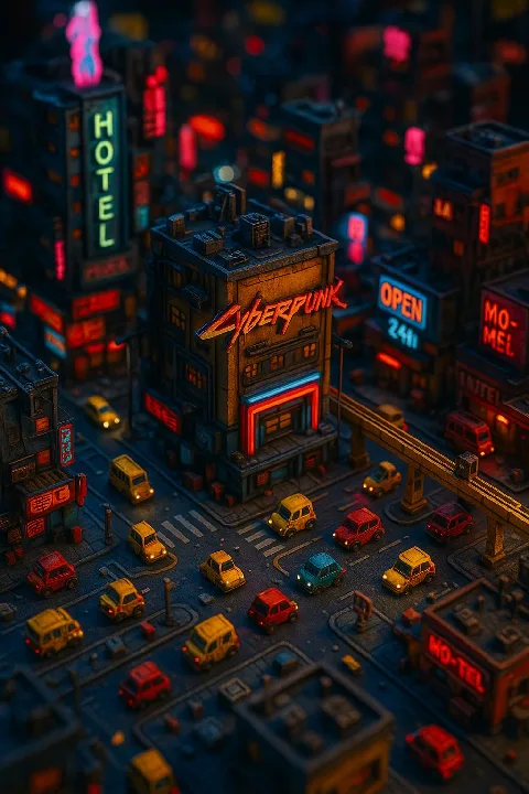 A dense futuristic city is rendered as a dramatic toy-scale diorama.