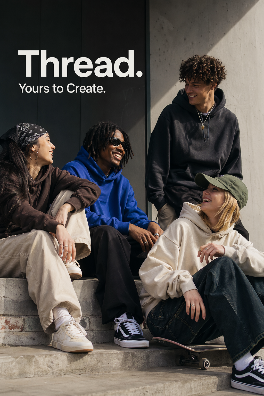 Friends hanging out in a relaxed streetwear advertising photograph.