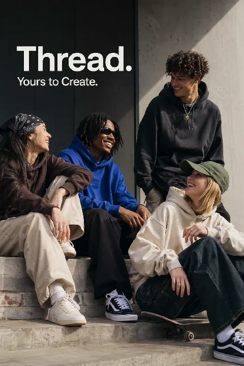 Friends hanging out in a relaxed streetwear advertising photograph.
