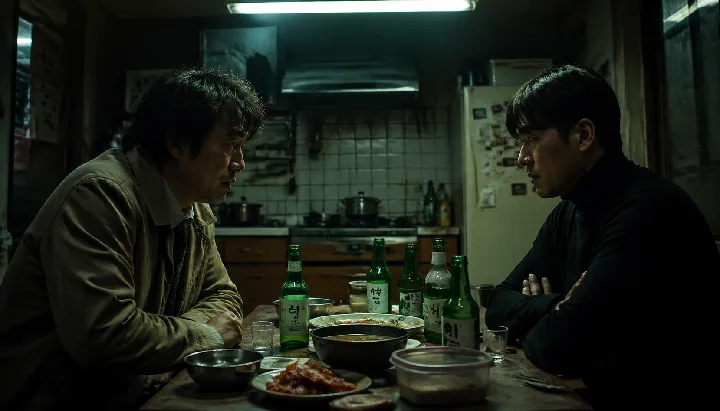 Two men face each other across a small kitchen table in a tense film composition.