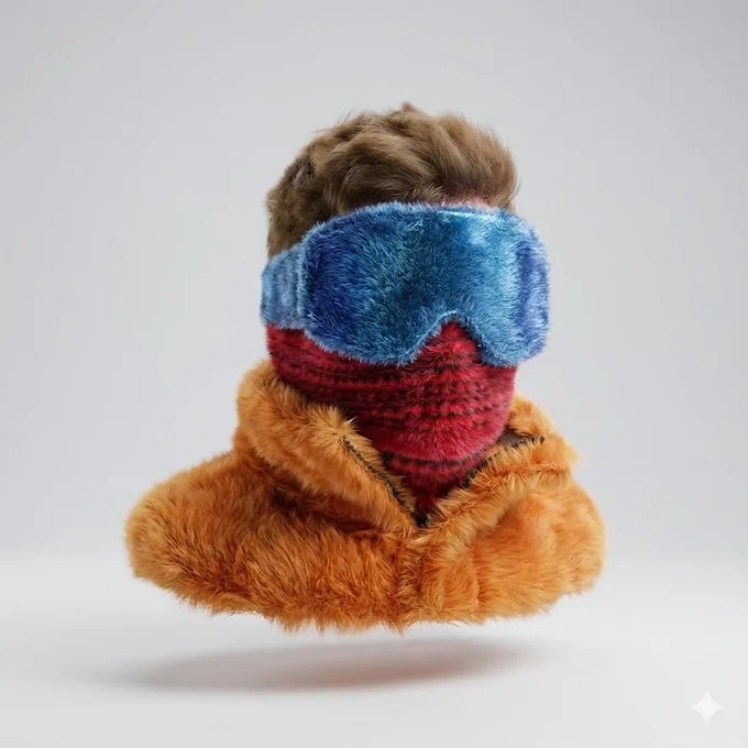 A flat logo transforms into a softly lit, fur-covered object.