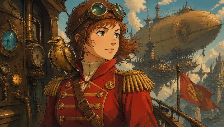 A brass mechanical bird accompanies a red-coated captain in a steampunk illustration.
