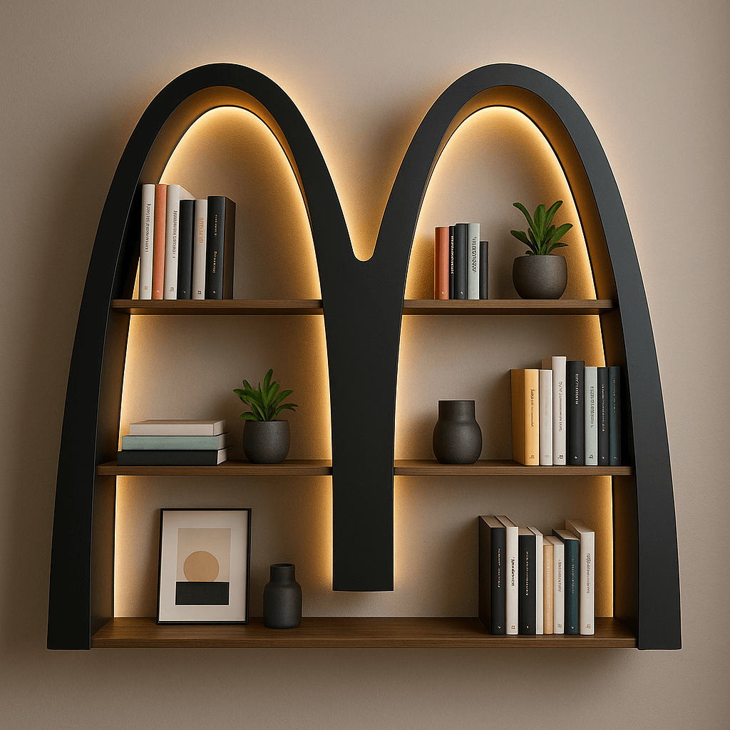Curving metal shelves and warm lighting turn a logo silhouette into furniture.