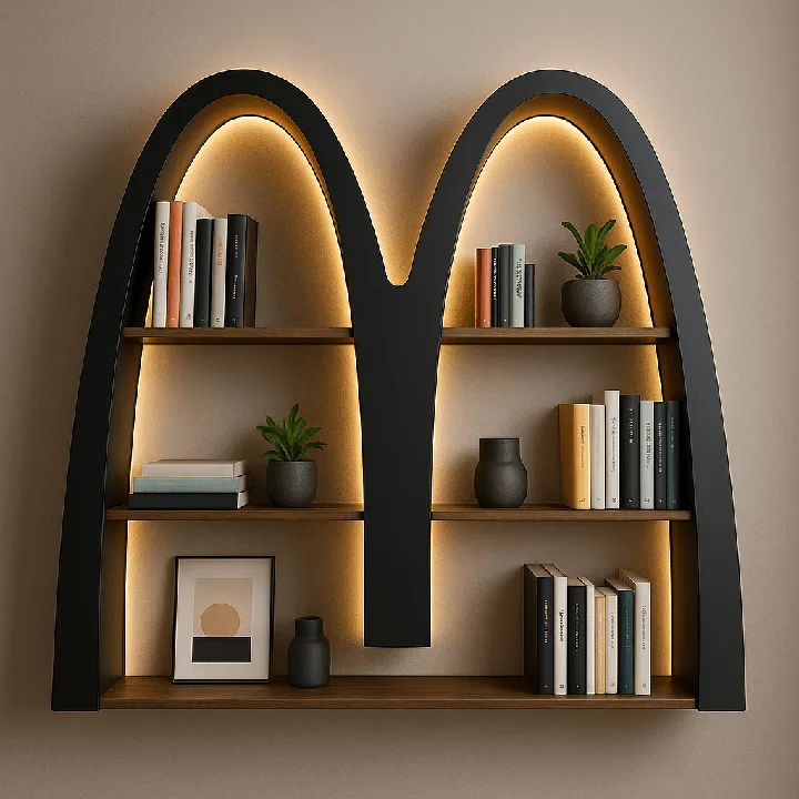 Curving metal shelves and warm lighting turn a logo silhouette into furniture.