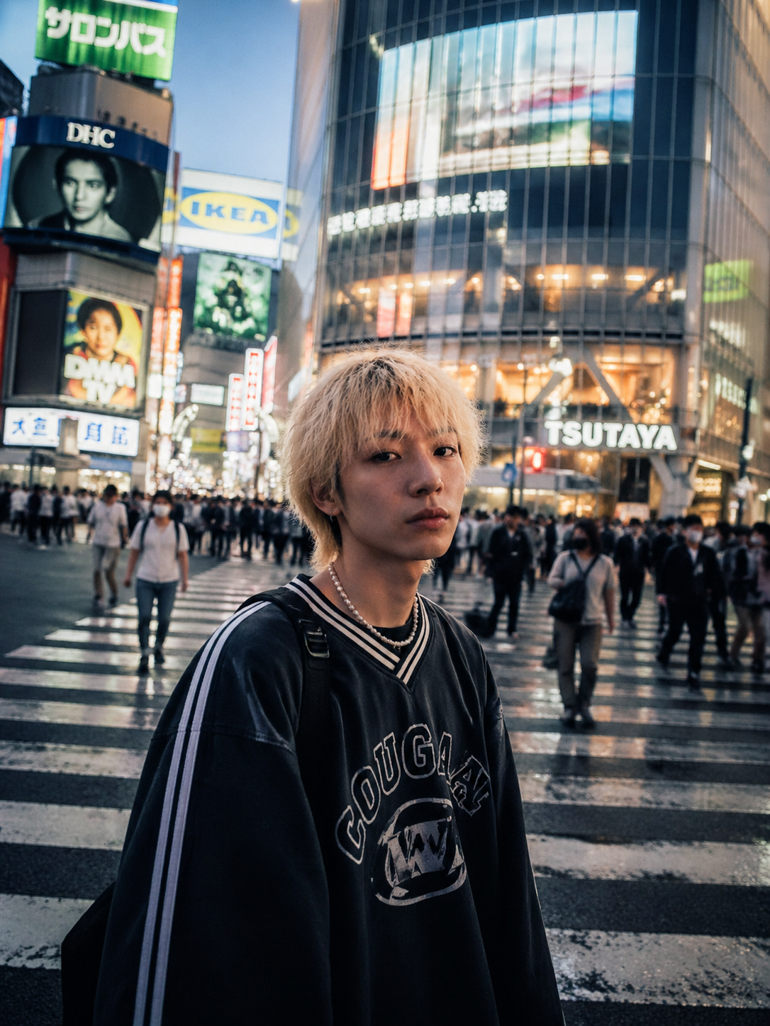 A streetwear portrait combines city signage, night colors, and environmental lighting.