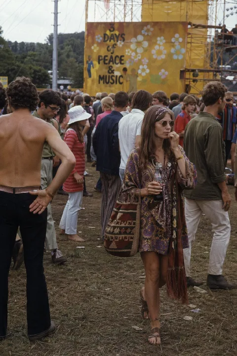 A period-inspired concert crowd with late-1960s clothing and outdoor staging.