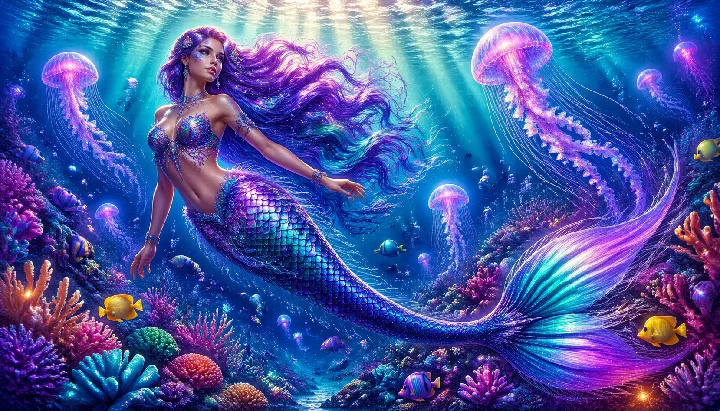 A mermaid swims between coral and glowing jellyfish beneath sunlit water.