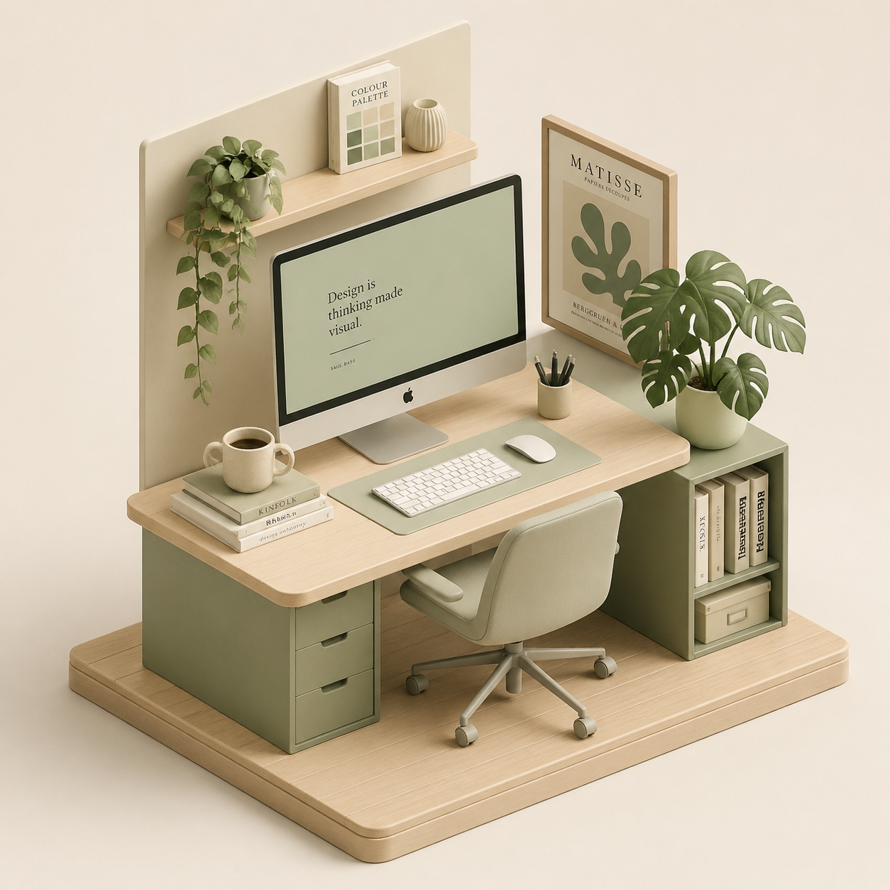 An isometric miniature desk with sage-green drawers, a computer and plants.