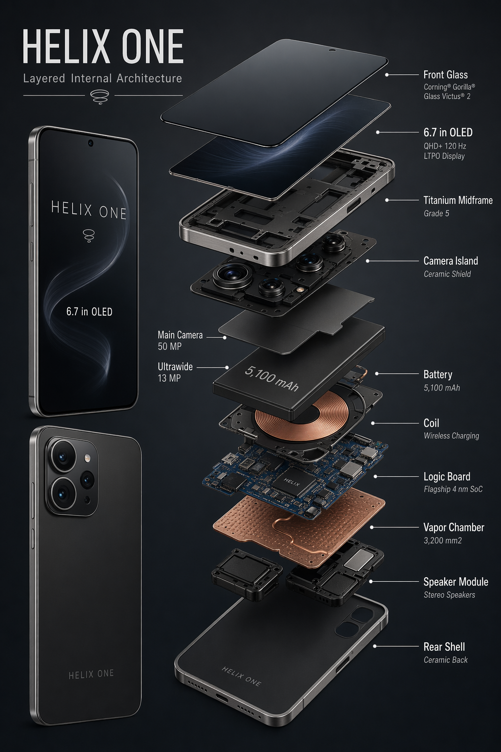 A layered technical render reveals the front, back, and internal parts of a phone.