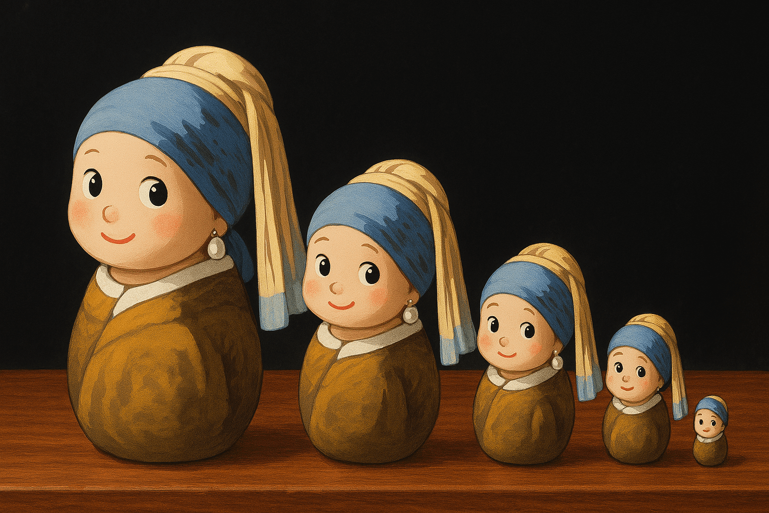 A reference character becomes five coordinated wooden nesting dolls.
