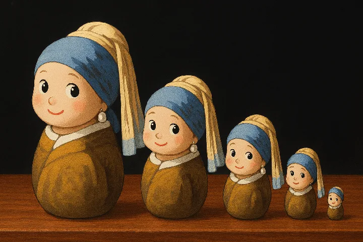 A reference character becomes five coordinated wooden nesting dolls.