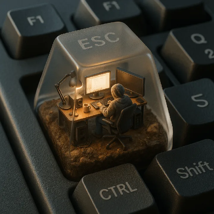 A tiny creative studio built inside an oversized ESC keycap.