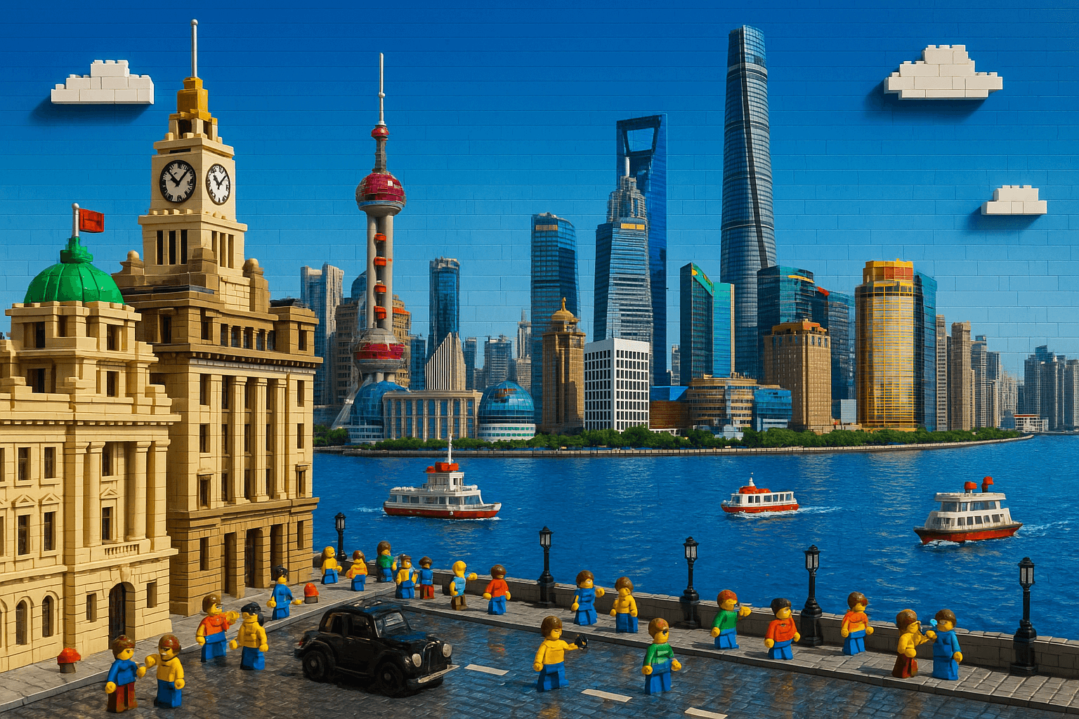 A miniature Shanghai waterfront combines detailed buildings, boats, and colorful toy figures.