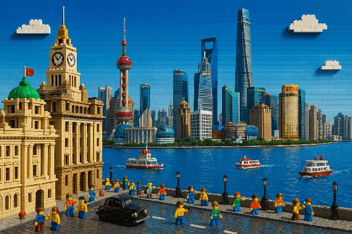 A miniature Shanghai waterfront combines detailed buildings, boats, and colorful toy figures.