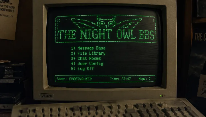 A vintage CRT monitor displays a green bulletin-board interface and readable menu text.