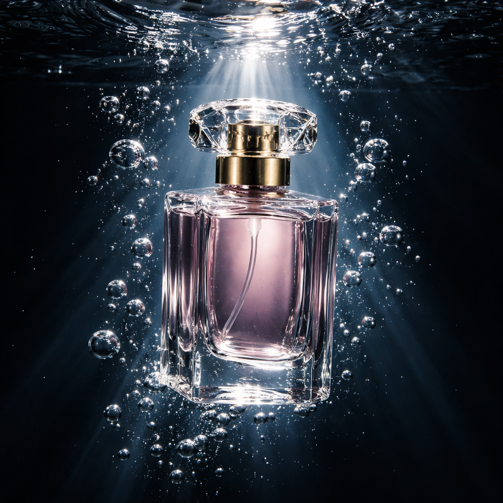 A glass perfume bottle underwater, surrounded by bubbles and shafts of light.