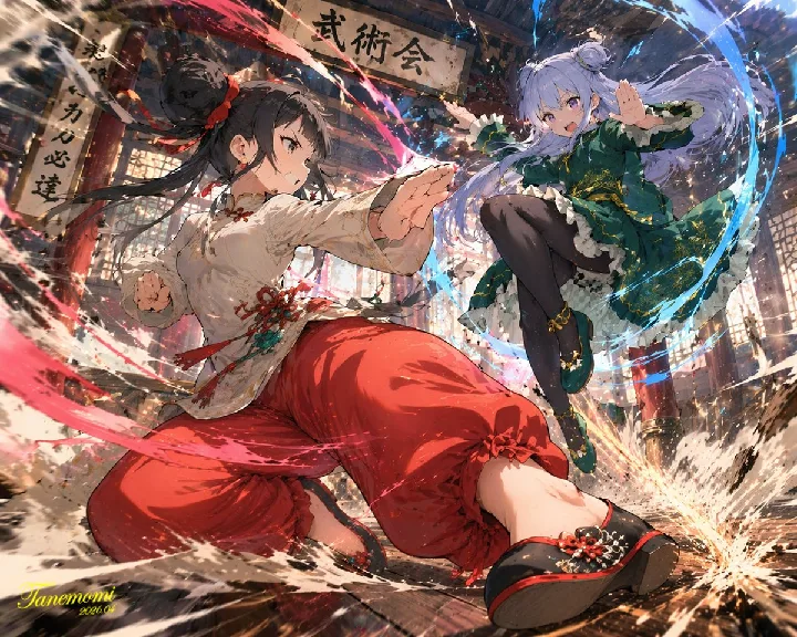 Two fighters meet in a wooden dojo with dramatic action and perspective.