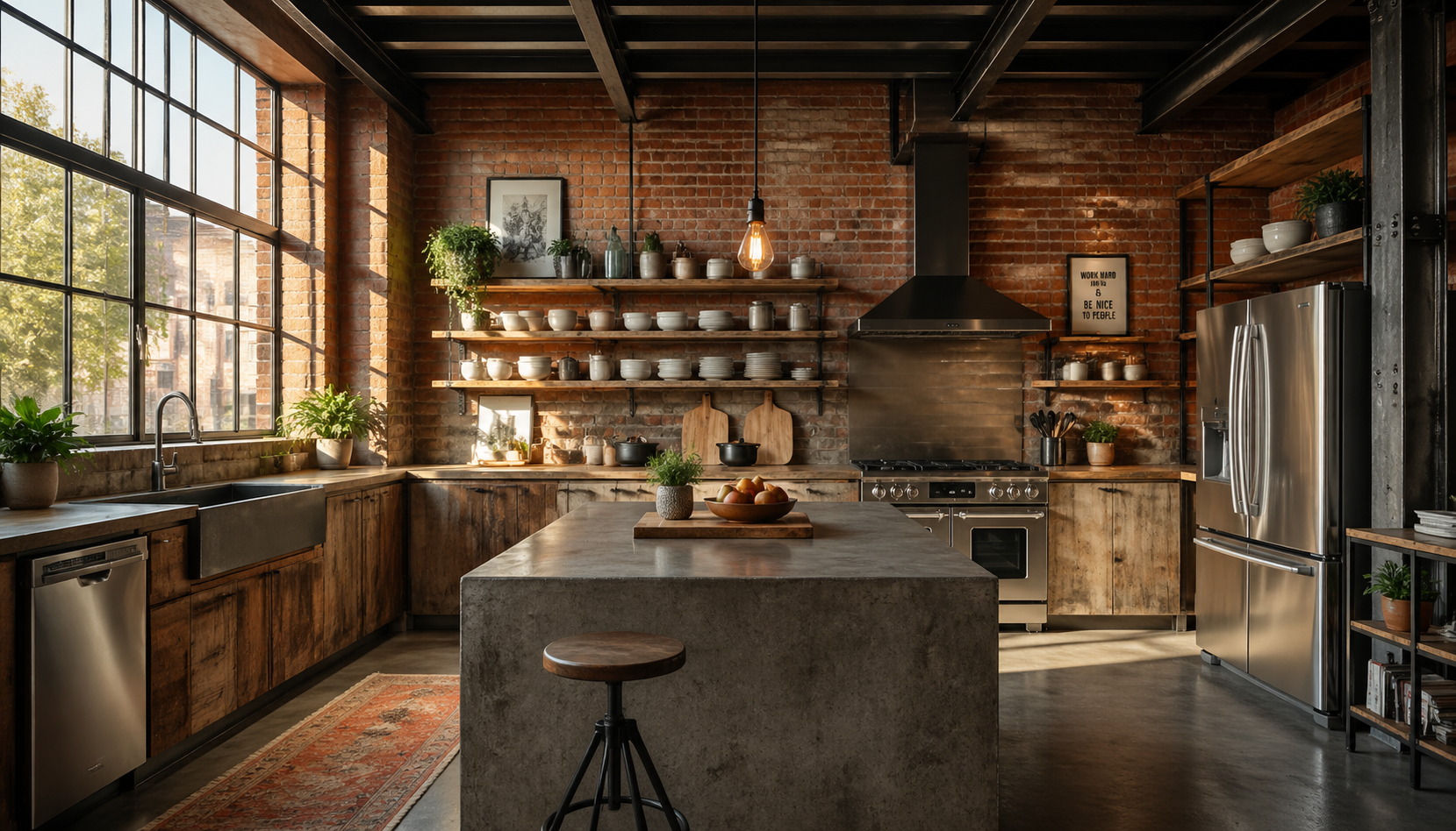 Brick walls and factory windows frame a lived-in kitchen with reclaimed wood surfaces.