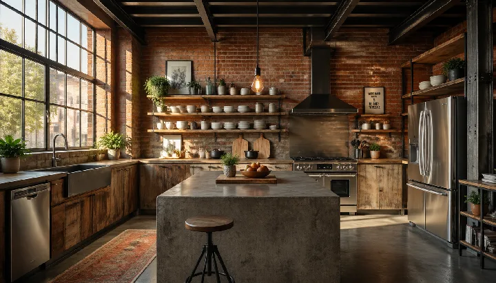 Brick walls and factory windows frame a lived-in kitchen with reclaimed wood surfaces.