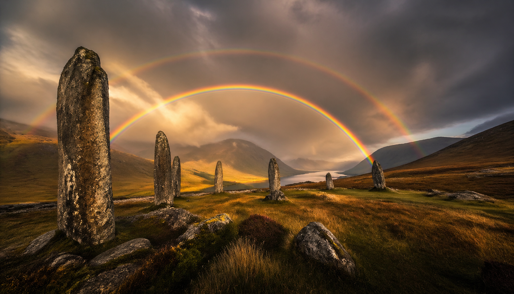 Ancient standing stones face clearing clouds and a rainbow over the moor.