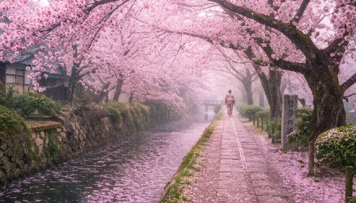 Pink blossoms, drifting petals, and morning mist line a quiet stone canal.