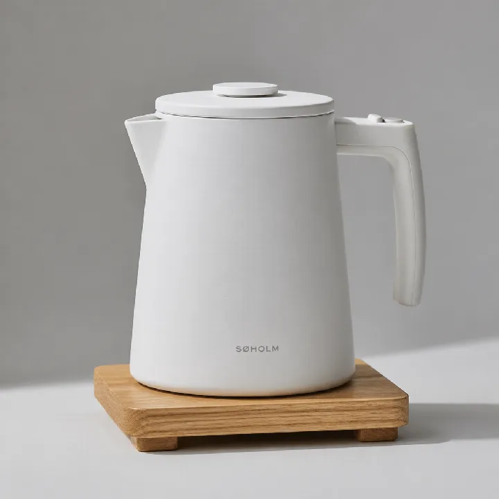 A matte-white kettle rests on light oak against a simple studio background.